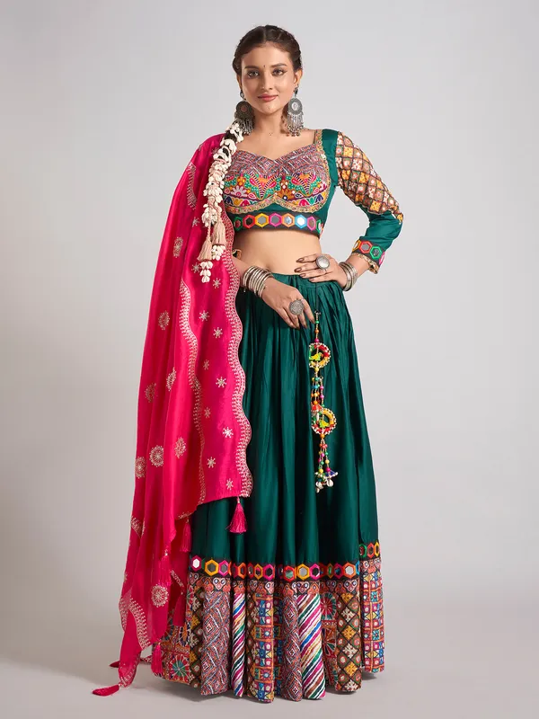 Bottle green resham embellished chaniya choli