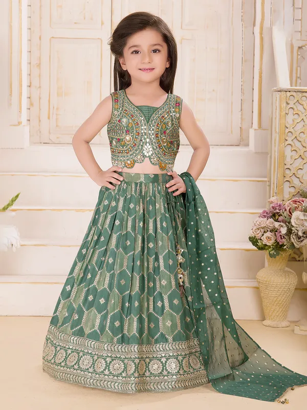 Bottle green silk lehenga choli for girls