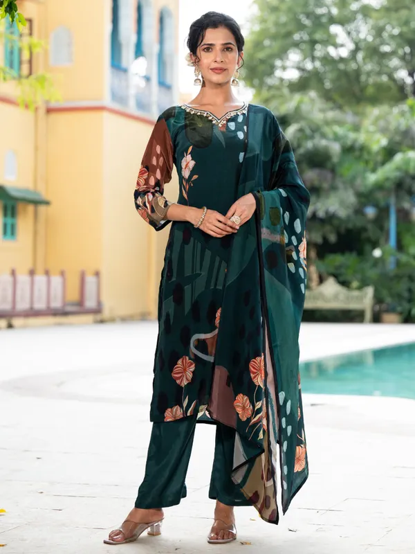 Bottle green silk printed kurti set