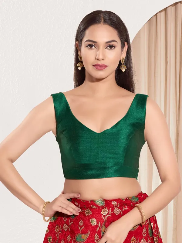 Bottle green silk ready made blouse for women