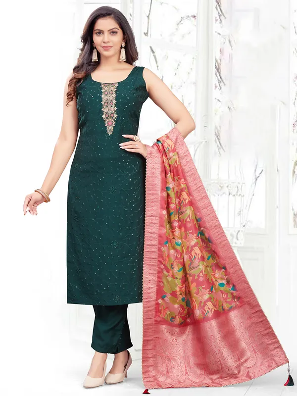 Bottle green silk straight cut salwar suit