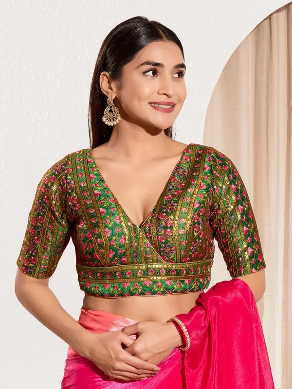 Bottle green silk V neck ready made blouse