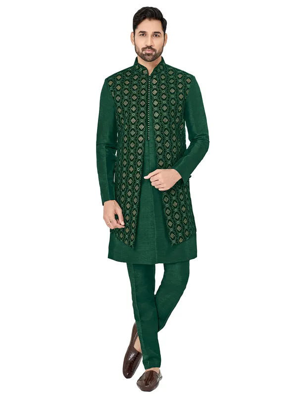 Bottle green silk wedding wear indowestern