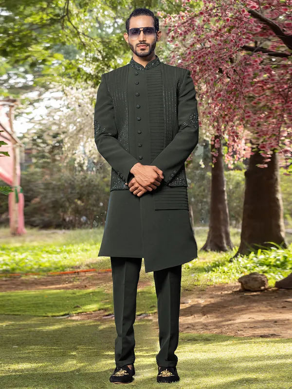 Bottle green terry rayon indowestern for reception