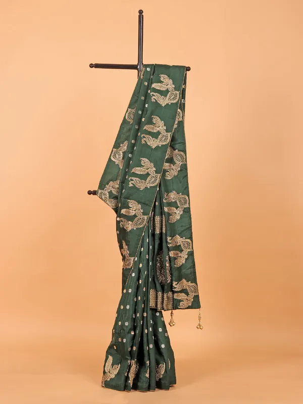 Bottle green zari weaving dola silk saree