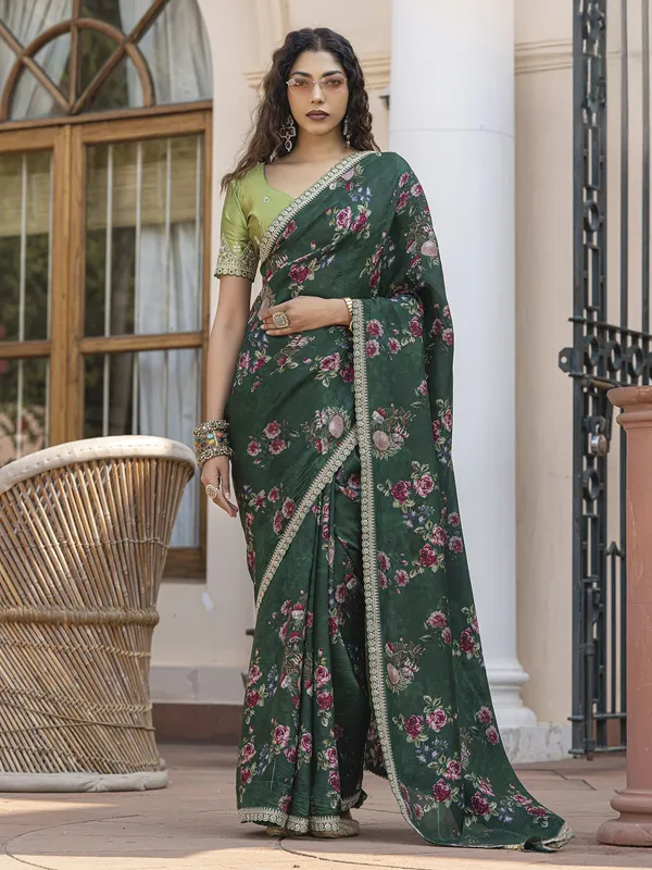 Bottole green saree in viscose dola silk