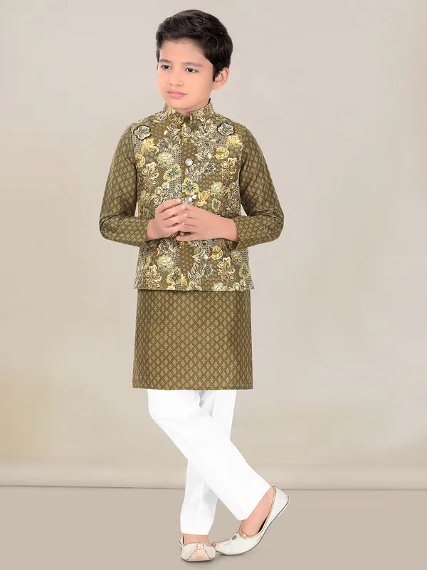 Boys olive printed silk waistcoat set