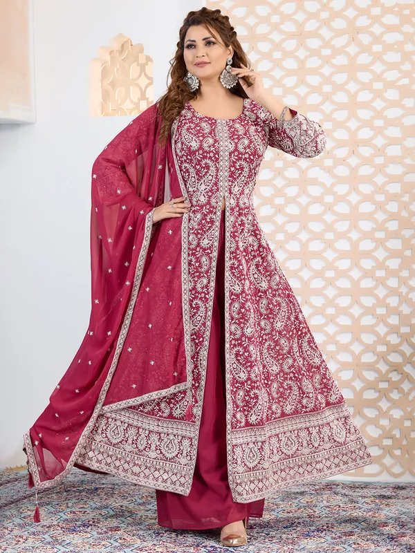 Brick red georgette palazzo suit for wedding