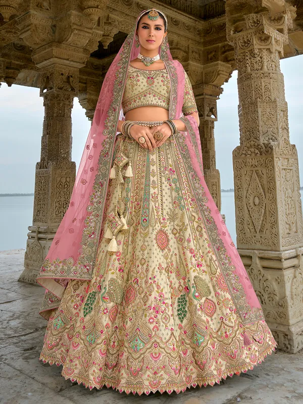 Bridal beige silk unstitched lehenga choli