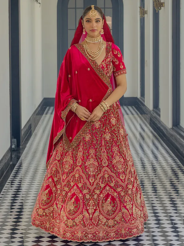 Bridal wear red lehenga choli in velvet