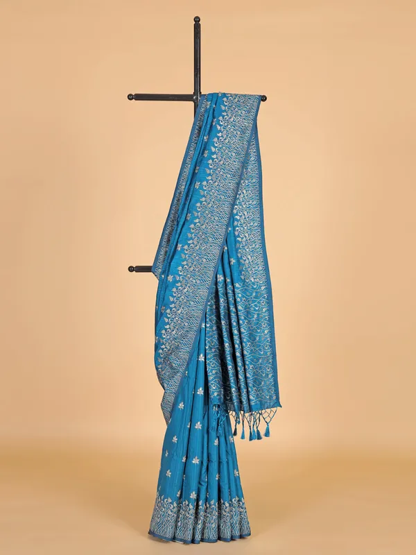 Bright blue semi silk saree for festive