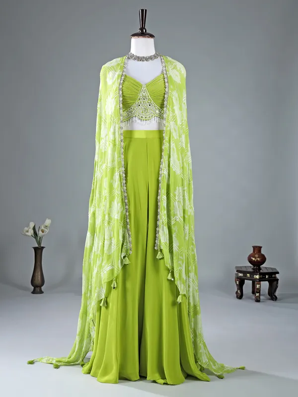 Bright green georgette palazzo suit with jacket style