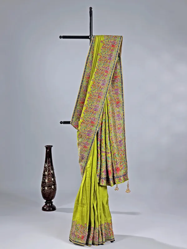 Bright green pashmina silk saree for weddings