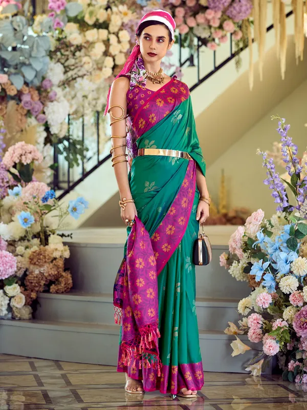 Bright green saree in soft silk
