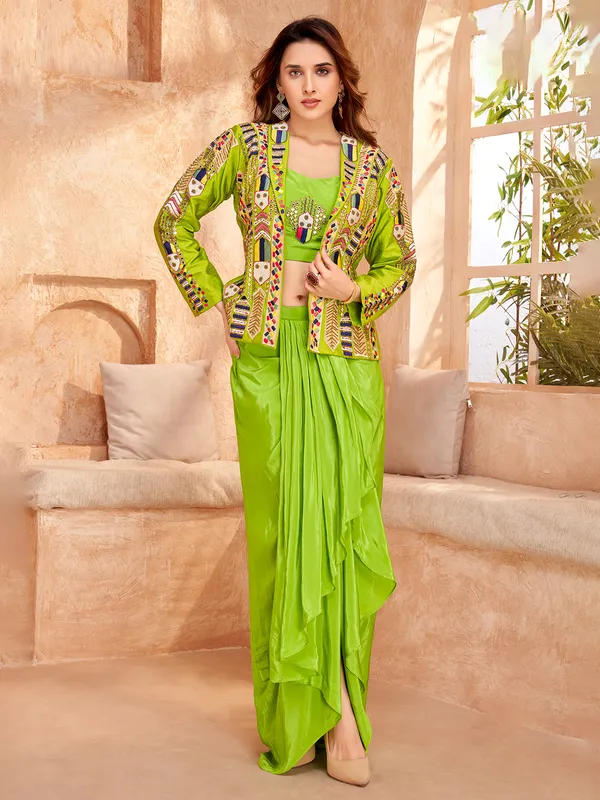 Bright green satin silk jacket style indowestern suit