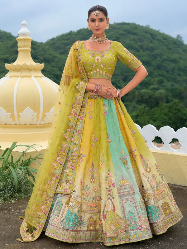 Bright green silk unstitched lehenga choli