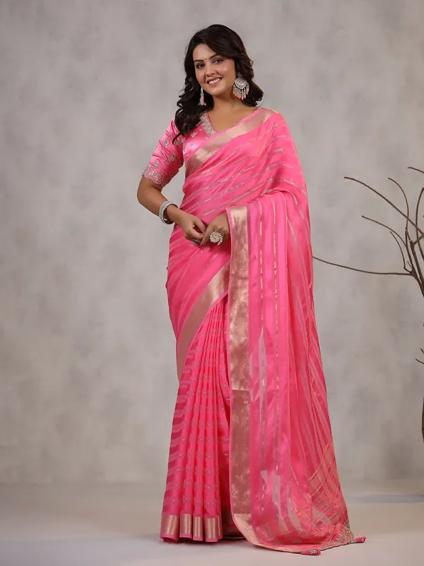 Bright pink soft organza saree