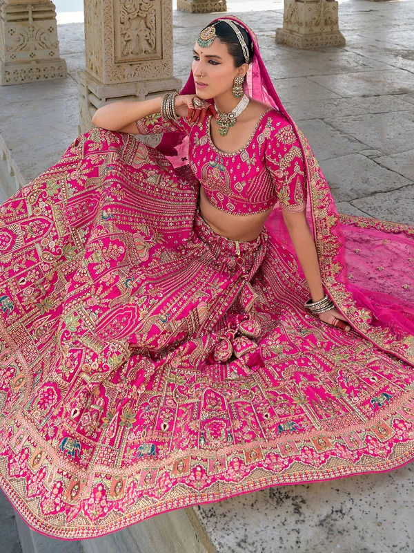 Bright pink unstitched lehenga choli in silk