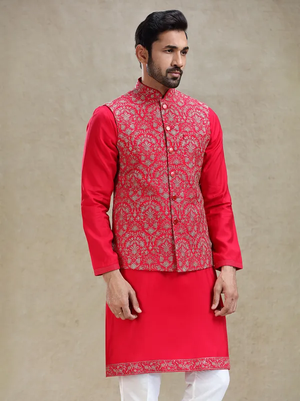 Bright red cotton silk kurta jacket set in resham