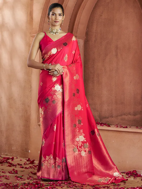 Bright red saree with contrast border
