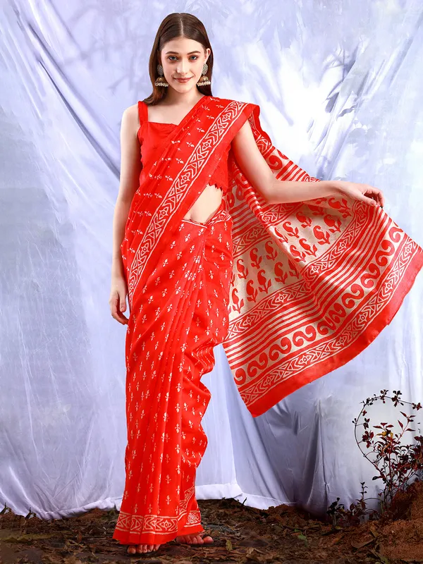 Bright red zig zag printed bhagalpuri silk saree