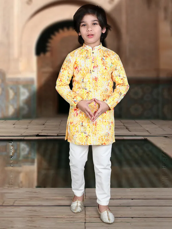 Bright yellow cotton silk kurta pant set for special occasions