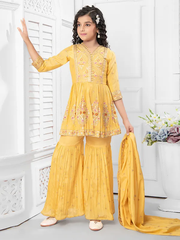 Bright yellow silk sharara set