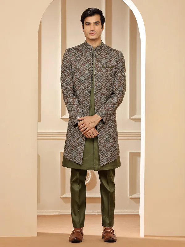 Brown and green printed indowestern