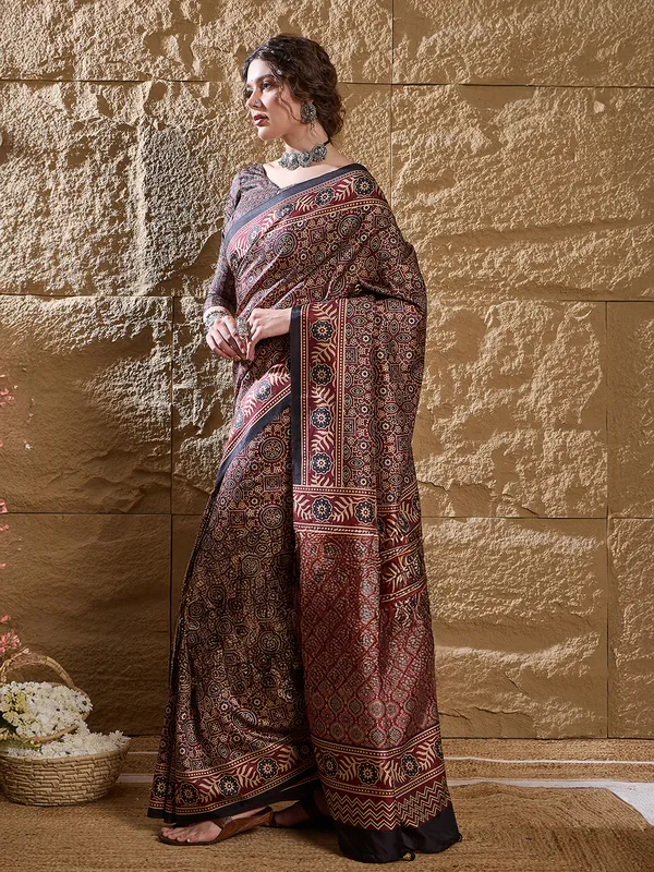 Brown bhagalpuri silk ajrakh printed saree