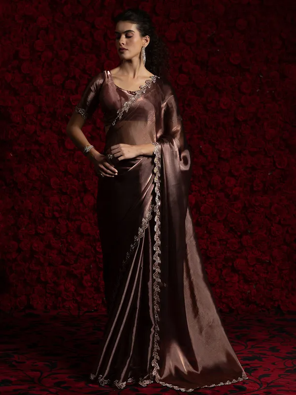 Brown chiffon party wear saree