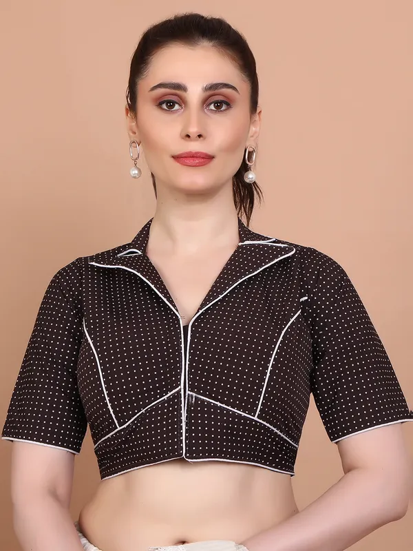 Brown cotton printed collar neck ready made blouse