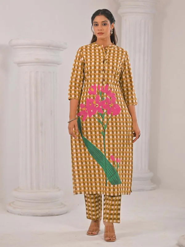 Brown cotton silk kurti set in printed