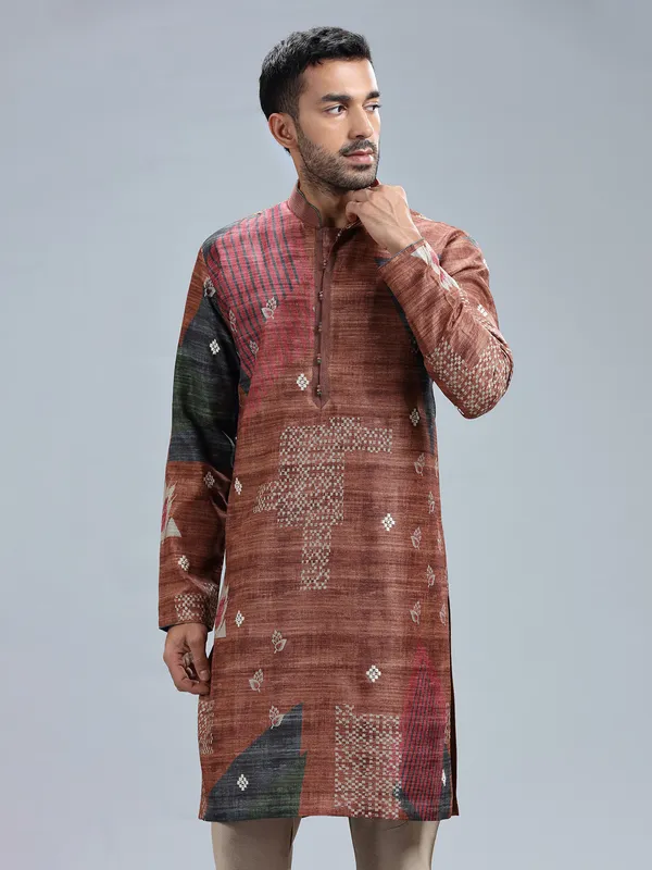 Brown cotton silk printed kurta set for men