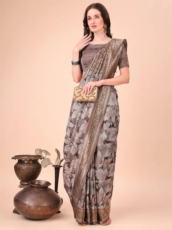 Brown cotton silk saree with zari weaving for traditional look