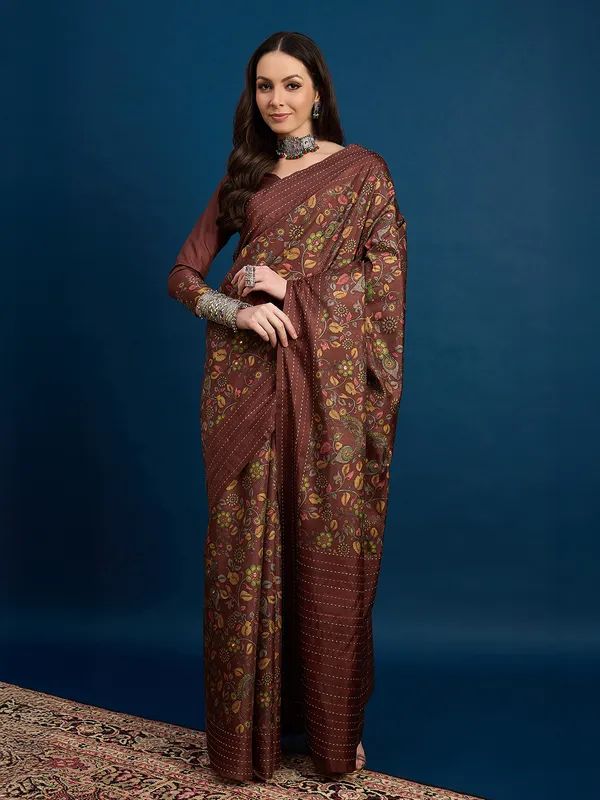 Brown cozi silk printed saree with seauins work