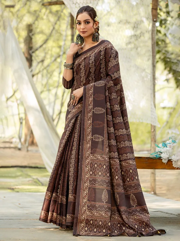 Brown festive wear printed cozi silk saree