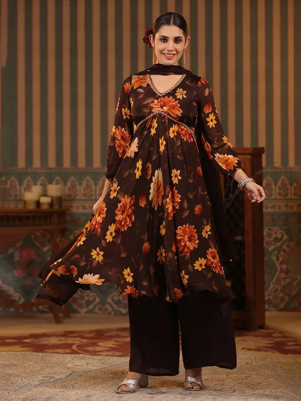 Brown floral printed palazzo set