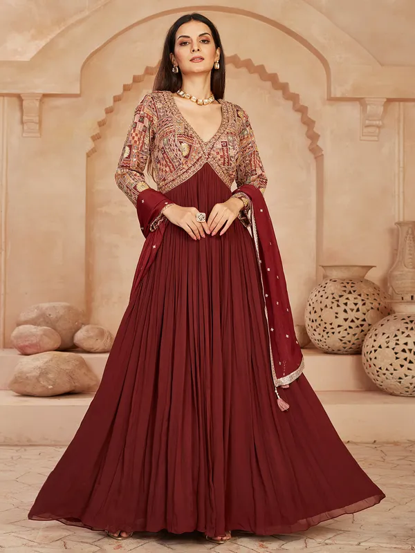 Brown georgette anarkali suit with mirror detailing
