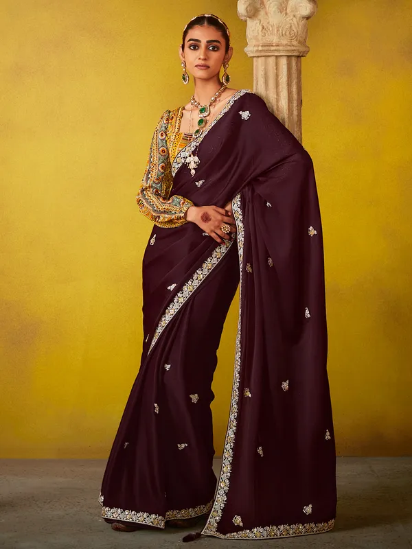 Brown georgette saree with resham work