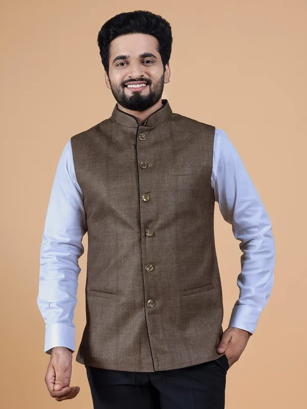 Brown jute silk plain waistcoat for Men