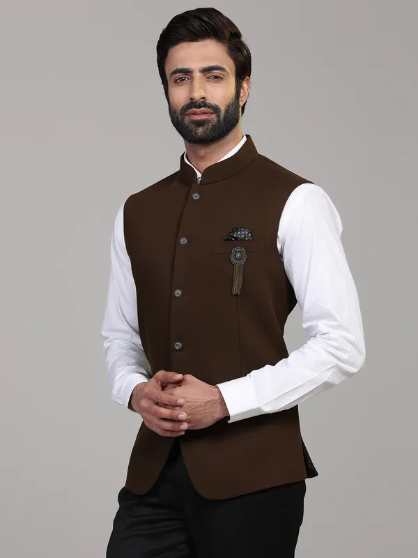 Brown knitted solid stand collar Nehru Jacket