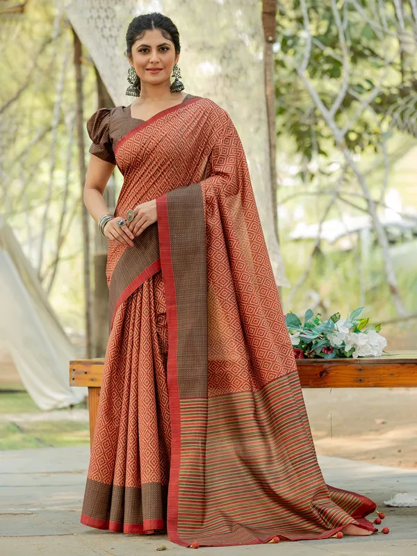 Brown kozi silk saree in printed