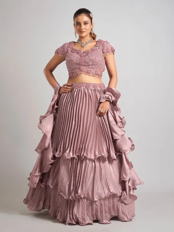 Brown organza ruffle dupatta lehenga choli