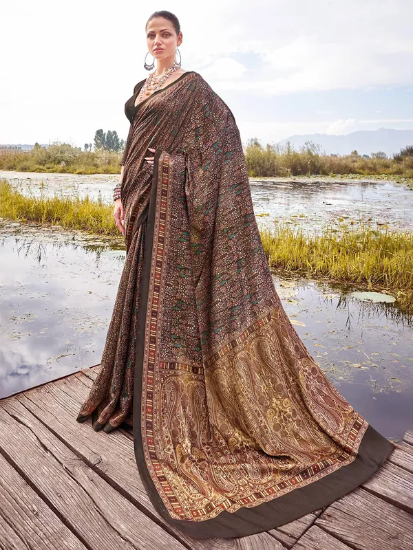 Brown printed bhagalpuri silk saree set