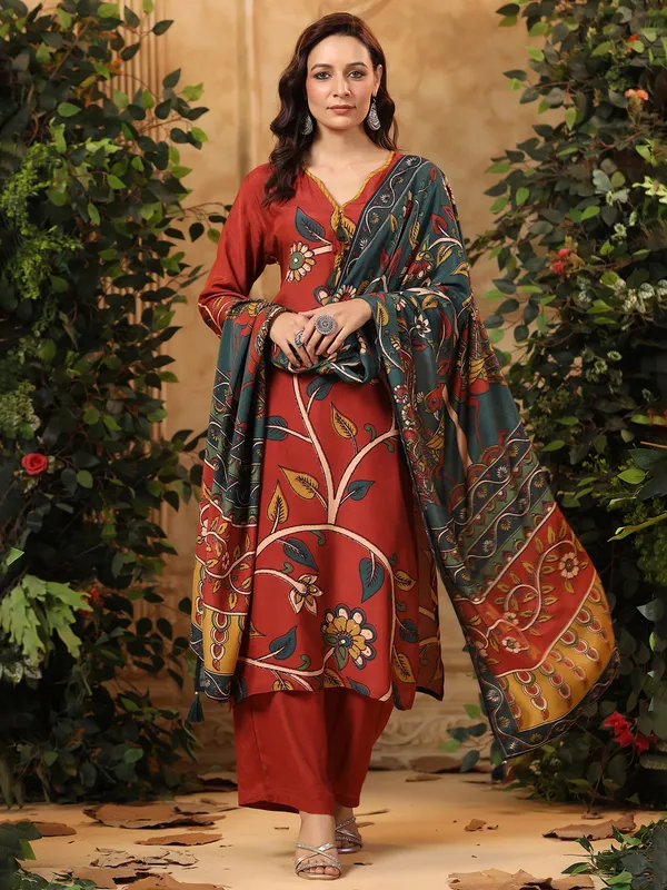 Brown printed casual silk kurti set