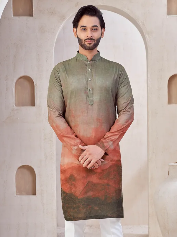 Brown printed cotton kurta suit for festive wear
