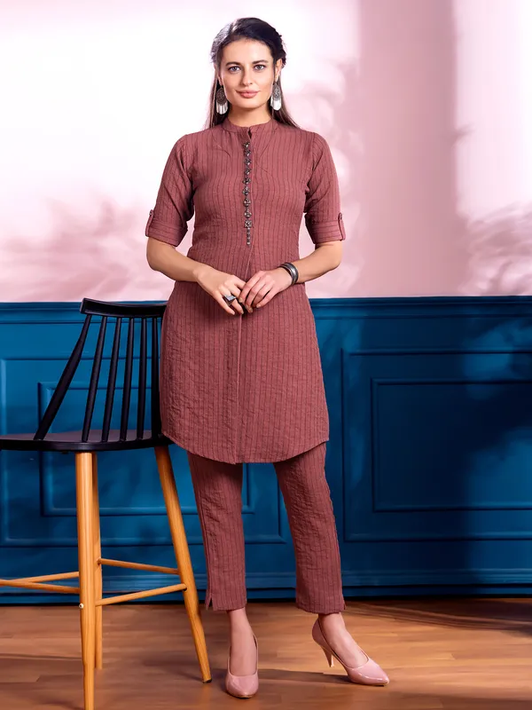 Brown printed cotton silk co ord set