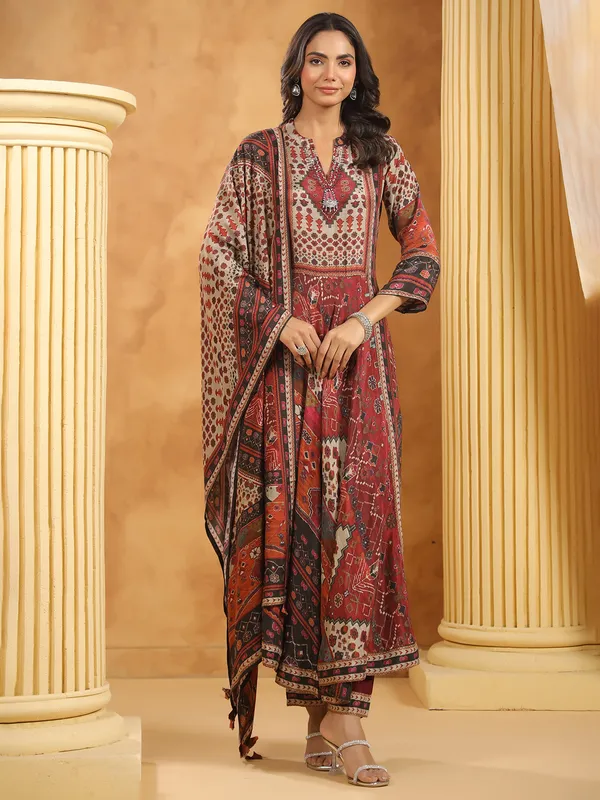 Brown printed cotton silk kurti set