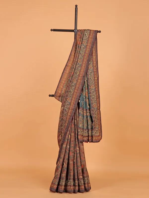 Brown printed cotton silk saree for festive