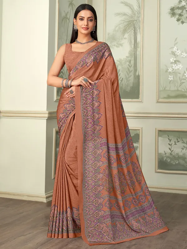 Brown printed crepe saree for casual